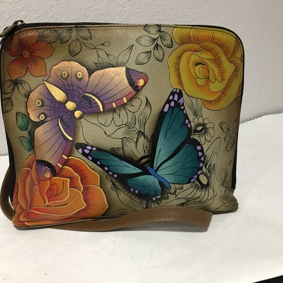 NEW Anna by Anuschka "Floral Paradise Tan" slim crossbody satchel - multi - Picture 2 of 7